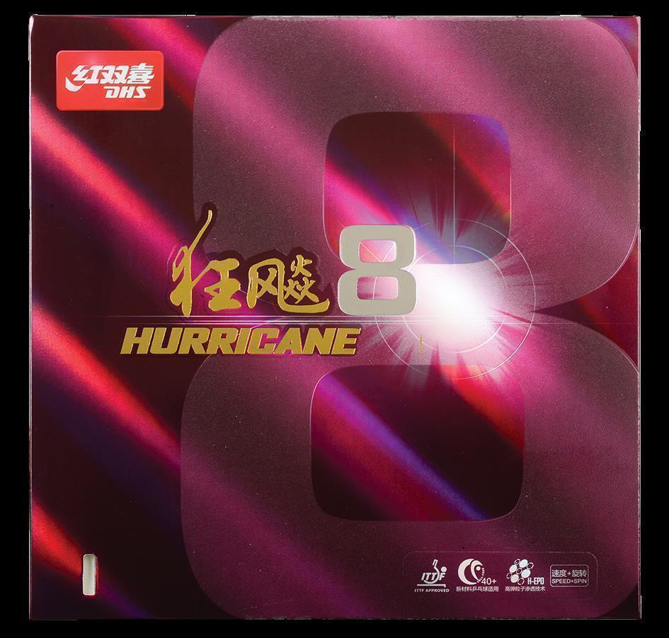 DHS Hurricane 8 Tischtennisbelag 2.15 mm Soft/Mid/Hart in schwarz und rot
